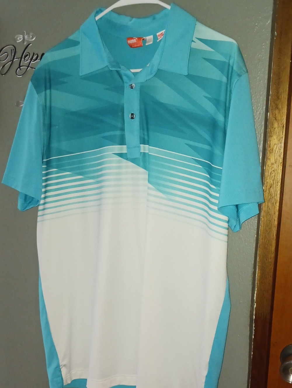Puma Teal and White Gradient Performance Polo